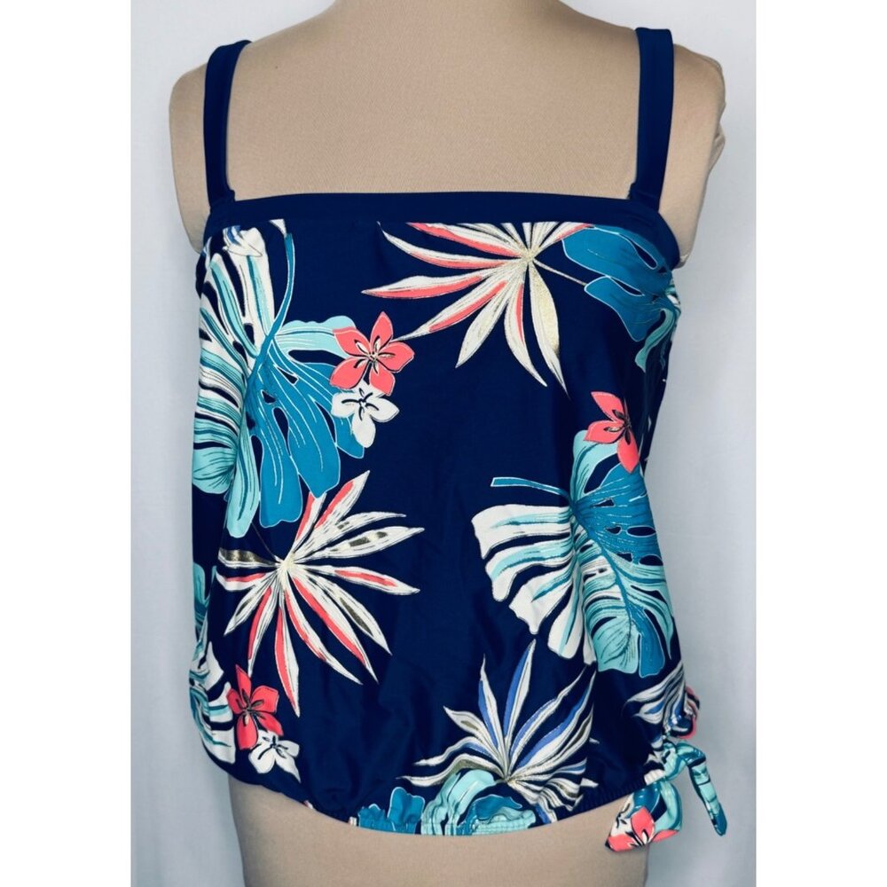 Maxine of Hollywood Navy Hula Leaf Tankini Swim Bandeau Top Size 10 Side Tie